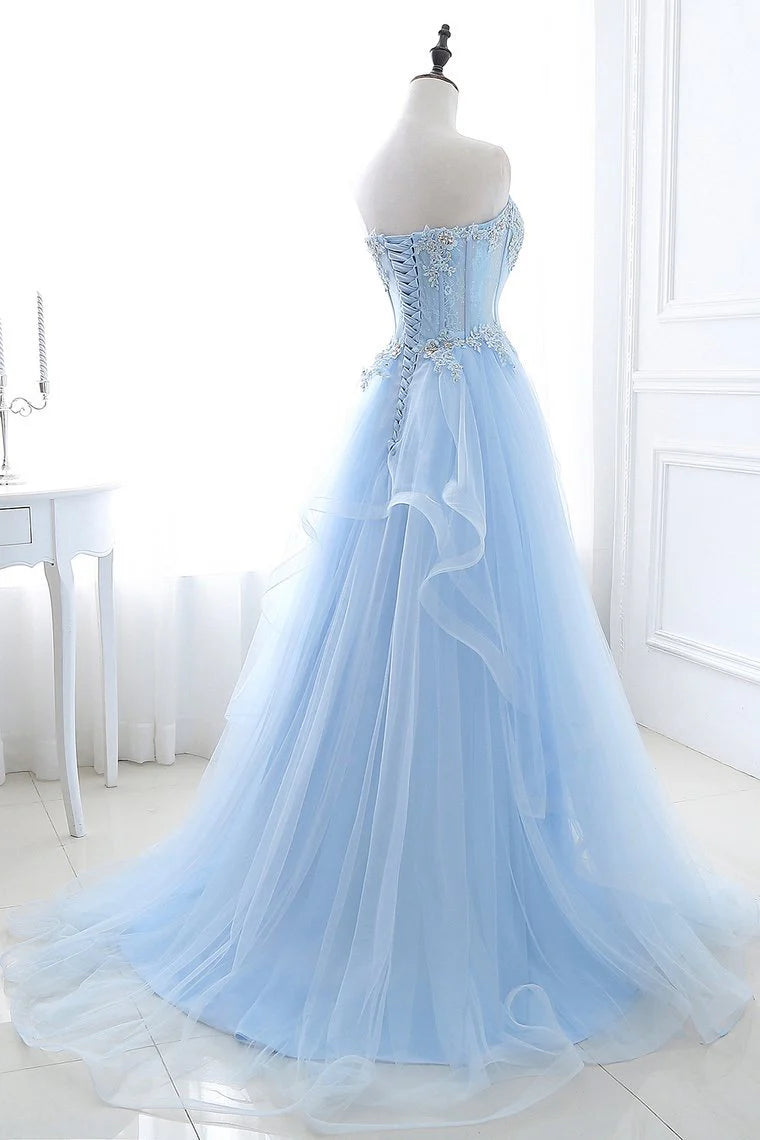 Wholesale A Line Prom Dresses Tulle With Applique Sweep Train