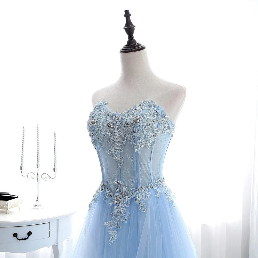 Wholesale A Line Prom Dresses Tulle With Applique Sweep Train