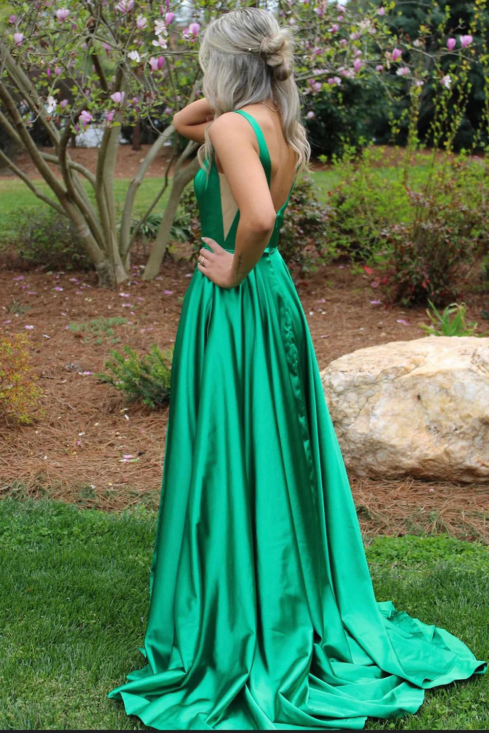 Wholesale A Line Prom Dresses V Neck Satin Train Slit Straps Sweep