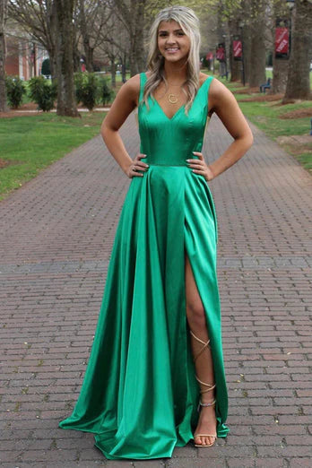 Wholesale A Line Prom Dresses V Neck Satin Train Slit Straps Sweep