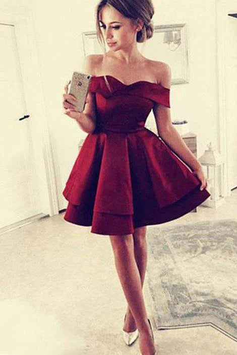 Wholesale A Line Homecoming Dresses Satin Off the Shoulder Sweetheart Above Knee