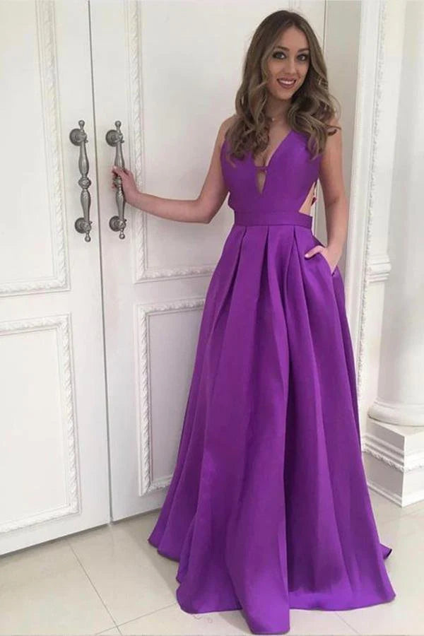 Wholesale A Line Prom Dresses Satin Floor Length V Neck Open Back with Pockets