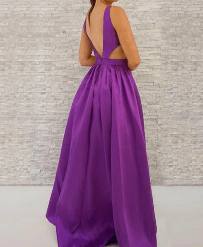 Wholesale A Line Prom Dresses Satin Floor Length V Neck Open Back with Pockets