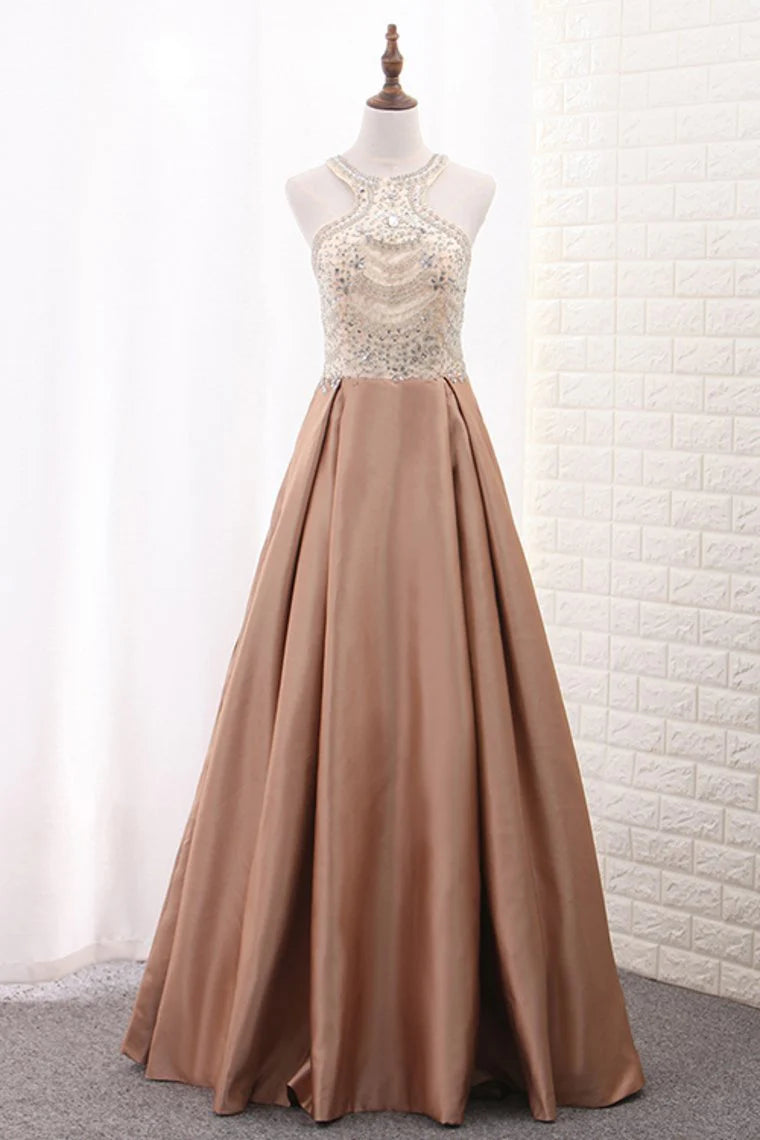 Wholesale A Line Formal Dresses Scoop Satin With Beads Sweep Train