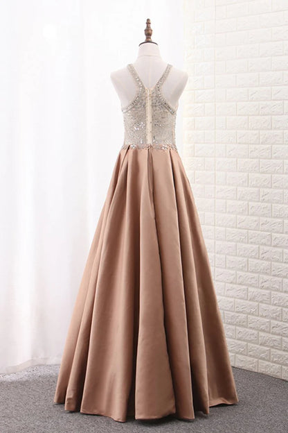 Wholesale A Line Formal Dresses Scoop Satin With Beads Sweep Train