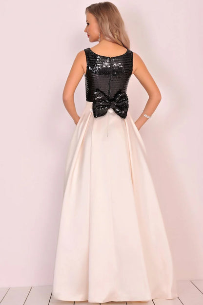 Wholesale A Line Formal Dresses Scoop Satin With Sequins Bow Floor Length