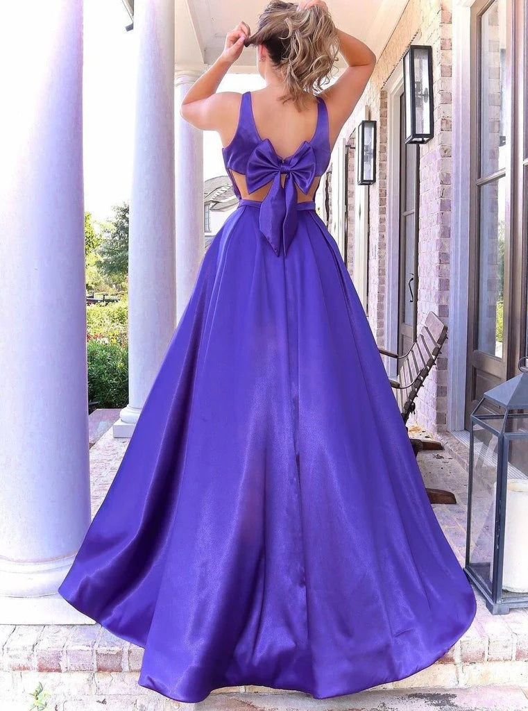 Wholesale Prom Dresses A Line Sleeveless V Neck Satin With Bowknot Sexy Floor Length