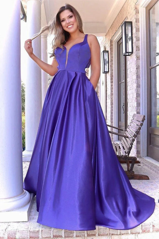 Wholesale Prom Dresses A Line Sleeveless V Neck Satin With Bowknot Sexy Floor Length