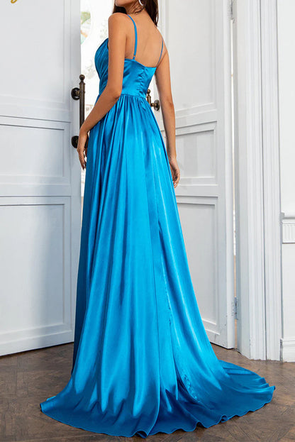 Wholesale A Line Prom Dresses Straps Satin With Slit And Flounced Sexy Evening Dress Party Dress