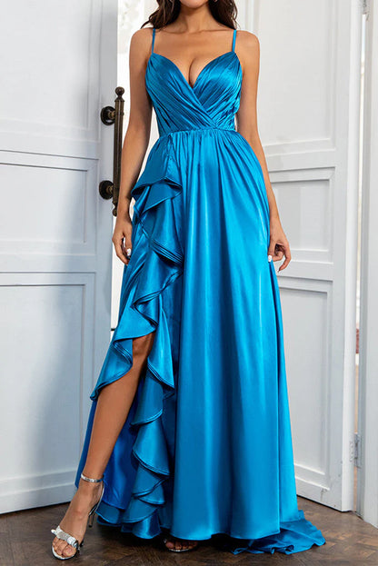 Wholesale A Line Prom Dresses Straps Satin With Slit And Flounced Sexy Evening Dress Party Dress