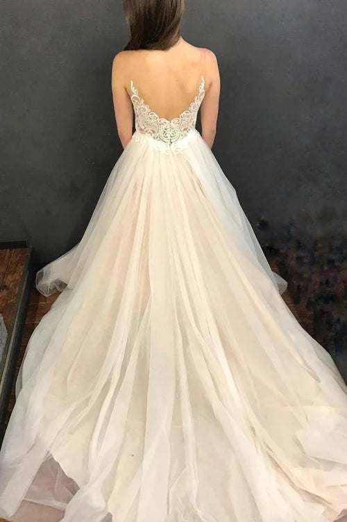 Wholesale Elegant A Line Straps Wedding Dress Tulle With Applique Sweep Train