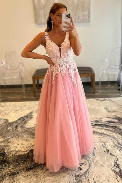 Wholesale Long Evening Dresses A Line Tulle V Neck Straps Lace Appliques Prom Dresses