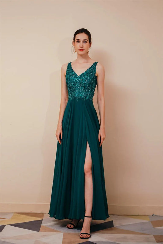 Wholesale A Line Evening Dress V Neck Long Sleeveless Chiffon Prom Dress With Appliques