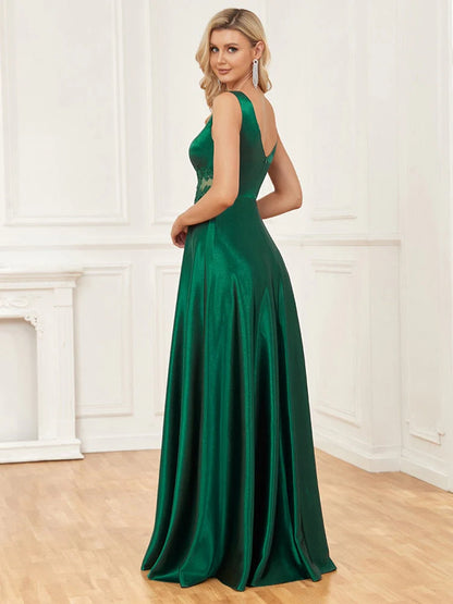 Wholesale A Line Prom Dresses V Neck  Satin With Applique