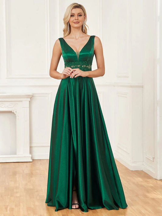 Wholesale A Line Prom Dresses V Neck  Satin With Applique