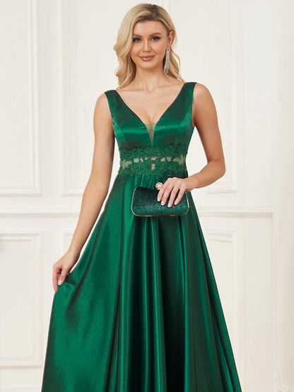 Wholesale A Line Prom Dresses V Neck  Satin With Applique