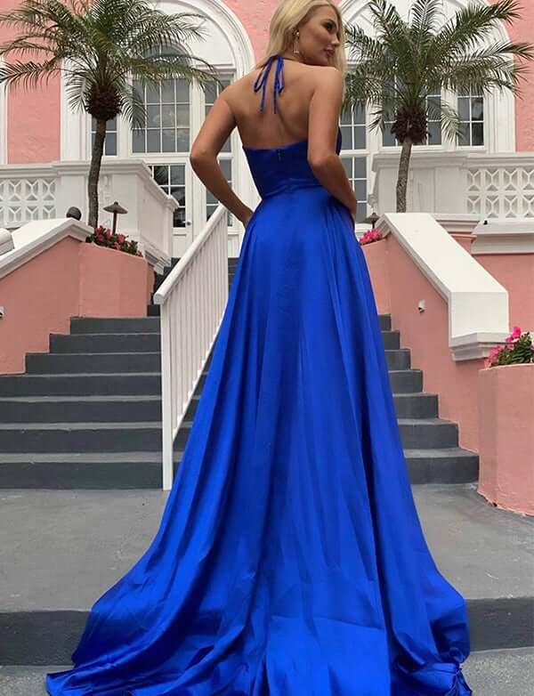 Aimishang A-Line Prom Dress V Neck Satin Straps Sweep Train  With Split