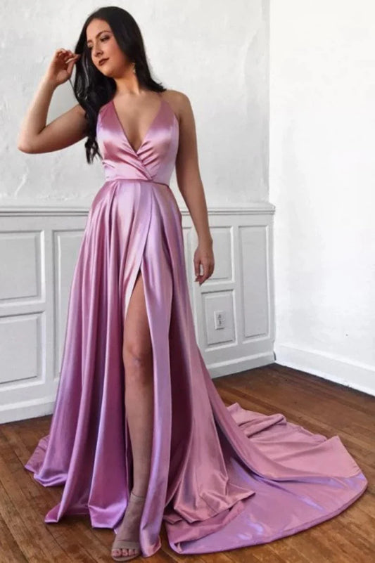 Wholesale A-Line Prom Dress V Neck Satin Straps Sweep Train  With Split