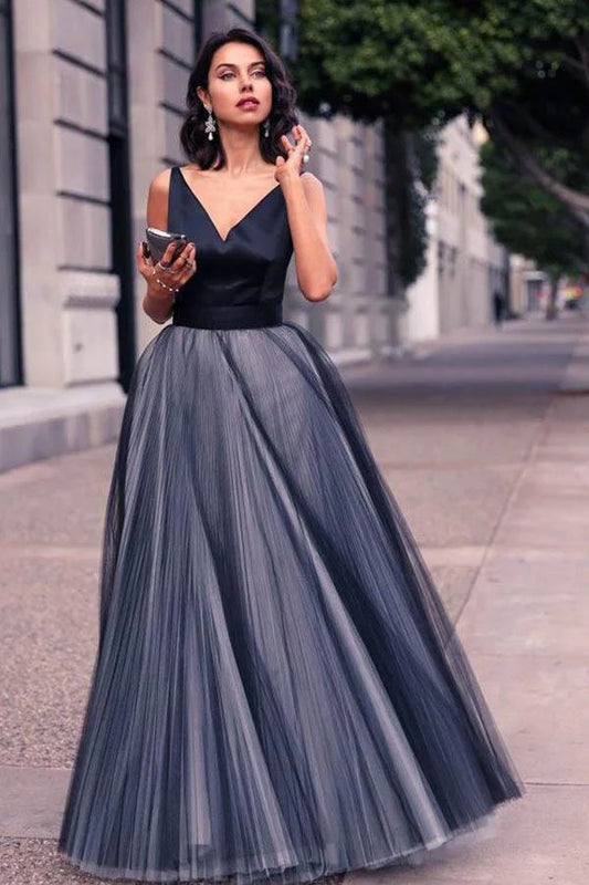 Wholesale A-Line Prom Dresses V-Neck Sleeveless Tulle Backless Floor Length Evening