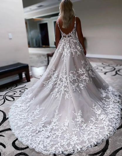 Wholesale Wedding Dress A-Line Train Deep V-Neck With Appliques