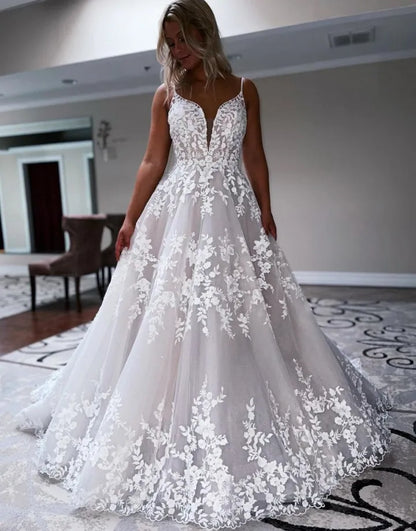 Wholesale Wedding Dress A-Line Train Deep V-Neck With Appliques