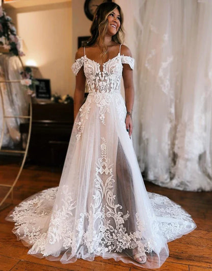 Wholesale Elegant A-Line Off The Shoulder Wedding Dress With Appliques And Slit