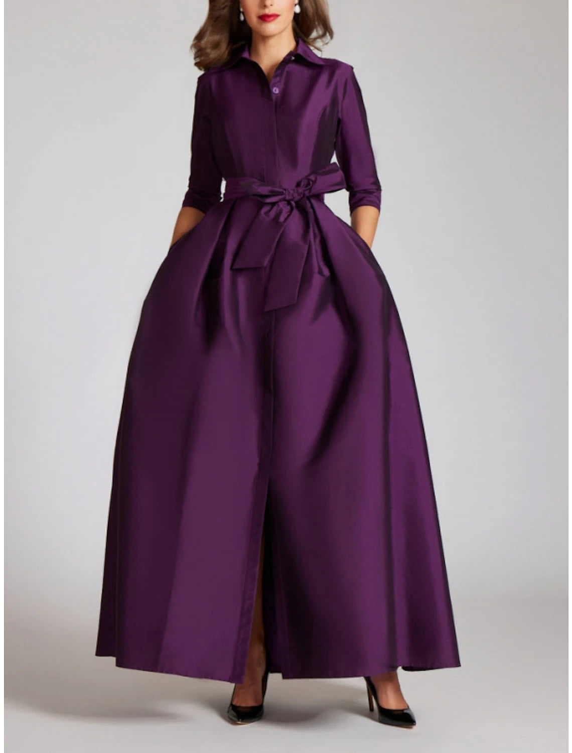 Aimishang A-Line Evening Gown Red Green Dress Formal Fall Half Sleeve Shirt Collar Wedding Guest Dress With Bow(s) Pleats