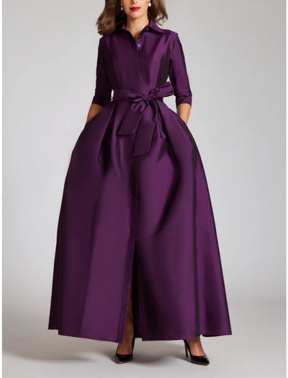 Aimishang A-Line Evening Gown Red Green Dress Formal Fall Half Sleeve Shirt Collar Wedding Guest Dress With Bow(s) Pleats