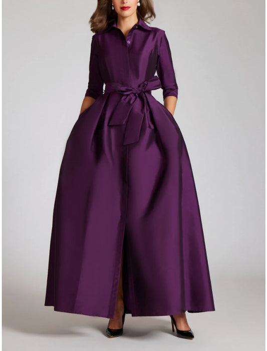 Aimishang A-Line Evening Gown Red Green Dress Formal Fall Half Sleeve Shirt Collar Wedding Guest Dress With Bow(s) Pleats