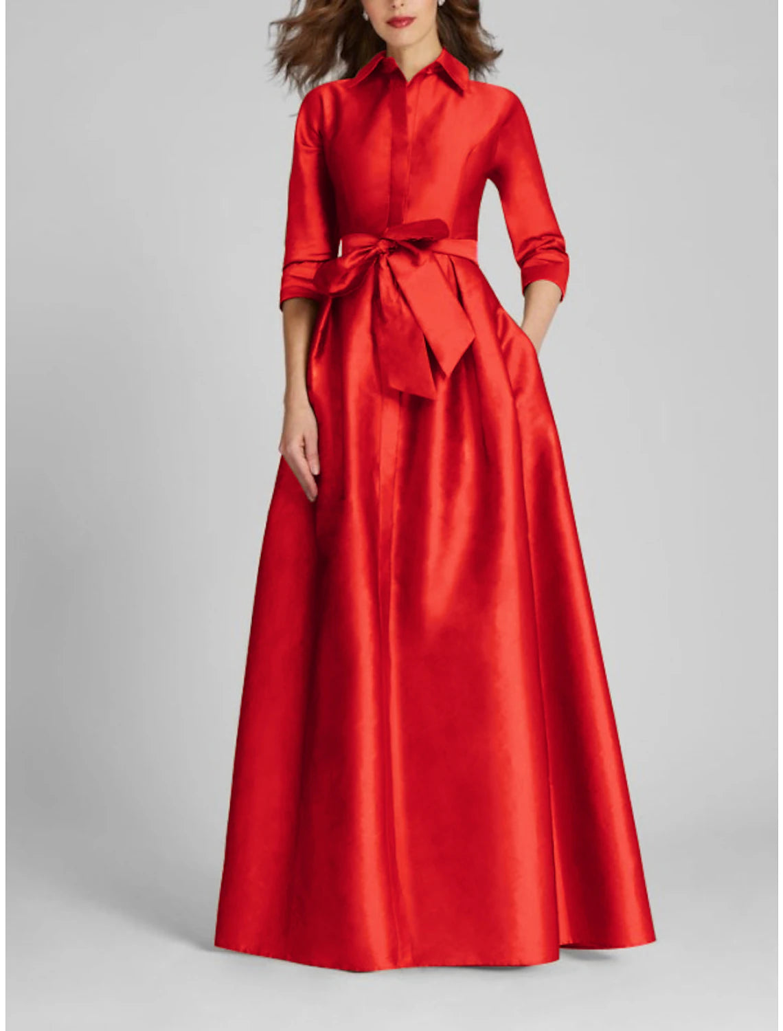 Aimishang A-Line Evening Gown Red Green Dress Formal Fall Half Sleeve Shirt Collar Wedding Guest Dress With Bow(s) Pleats