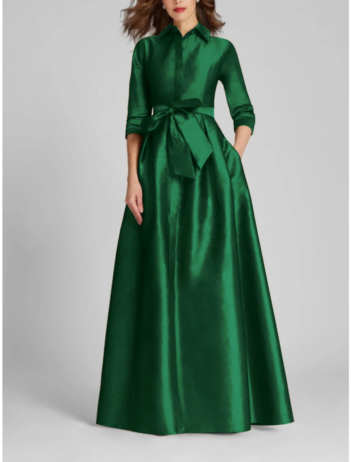 Aimishang A-Line Evening Gown Red Green Dress Formal Fall Half Sleeve Shirt Collar Wedding Guest Dress With Bow(s) Pleats