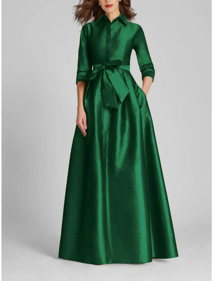 Aimishang A-Line Evening Gown Red Green Dress Formal Fall Half Sleeve Shirt Collar Wedding Guest Dress With Bow(s) Pleats