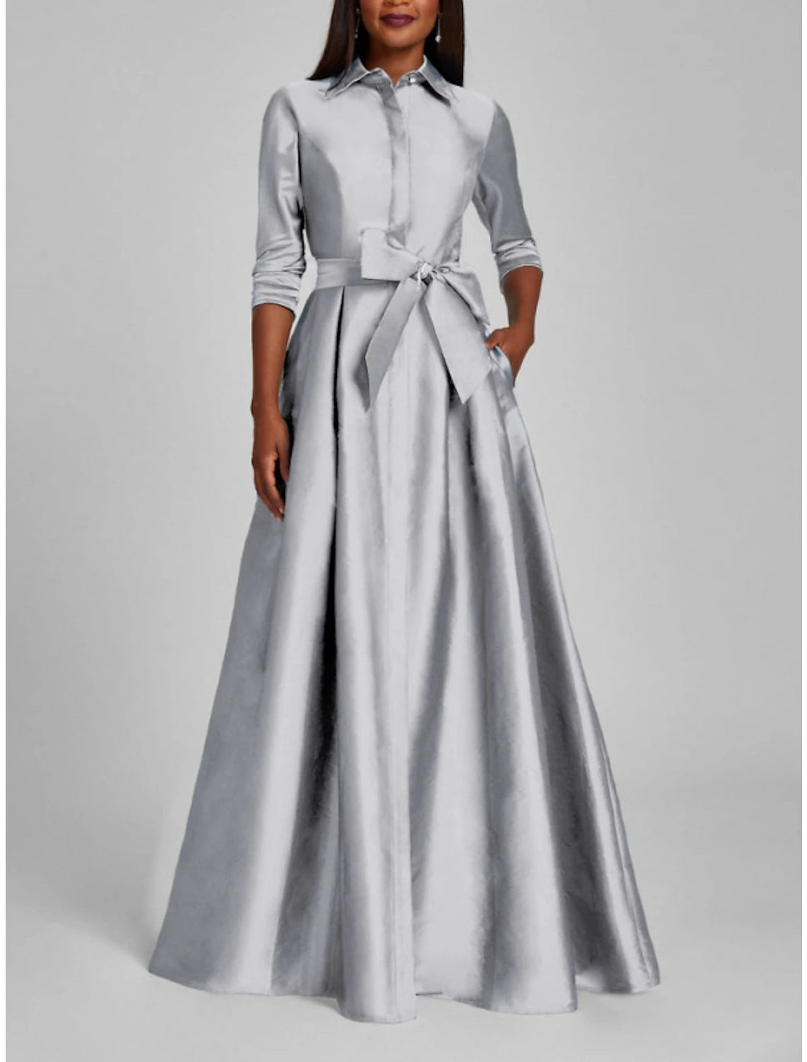 Aimishang A-Line Evening Gown Red Green Dress Formal Fall Half Sleeve Shirt Collar Wedding Guest Dress With Bow(s) Pleats