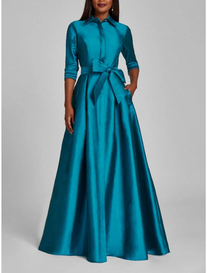 Aimishang A-Line Evening Gown Red Green Dress Formal Fall Half Sleeve Shirt Collar Wedding Guest Dress With Bow(s) Pleats