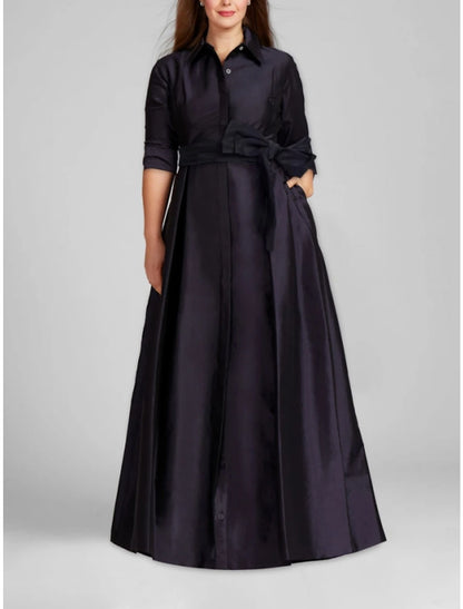 Aimishang A-Line Evening Gown Red Green Dress Formal Fall Half Sleeve Shirt Collar Wedding Guest Dress With Bow(s) Pleats