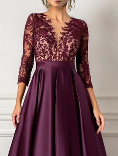 Aimishang A-Line Evening Gown Elegant Formal Wedding Guest Dress 3/4 Length Sleeve Satin Mother of the Bride Dresses with Pleats