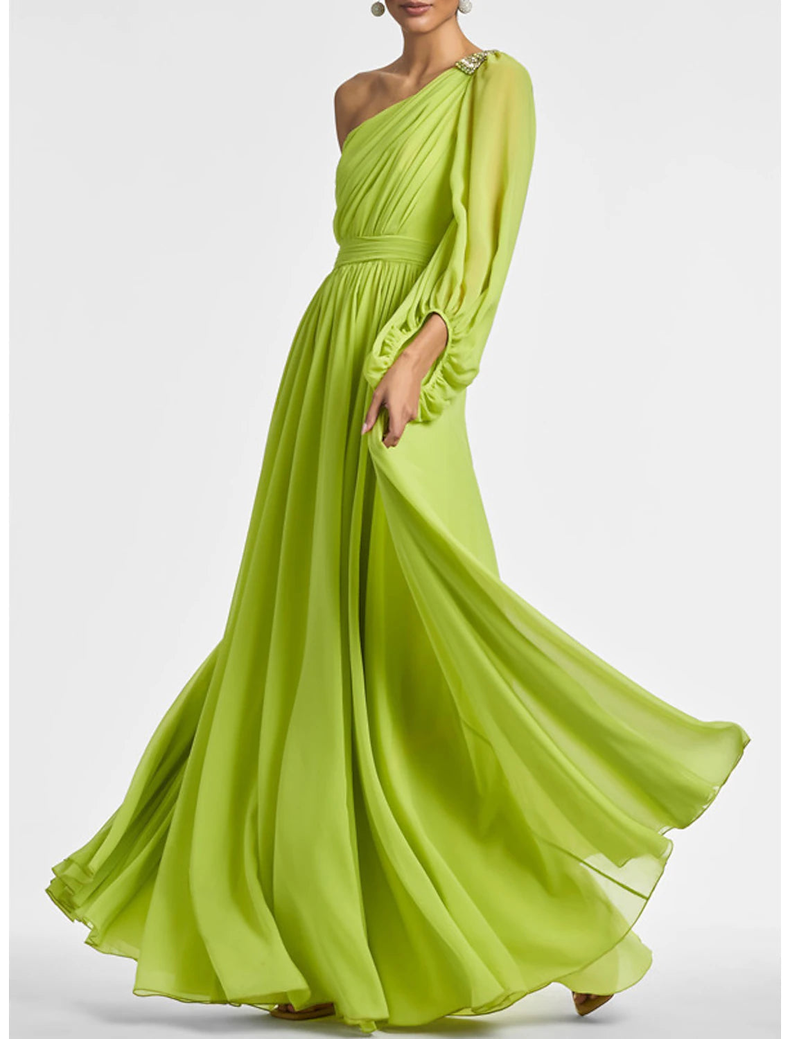 Aimishang A-Line Evening Gown Elegant Formal Wedding Party Dress Long Sleeve One Shoulder Fall Wedding Guest Chiffon with Ruched