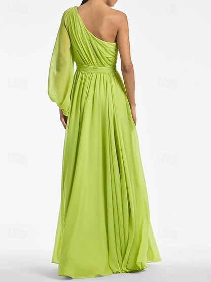Aimishang Elegant A-Line Evening Gown One Shoulder Formal Party Dress Long Sleeve Fall Wedding Guest Chiffon with Pleated