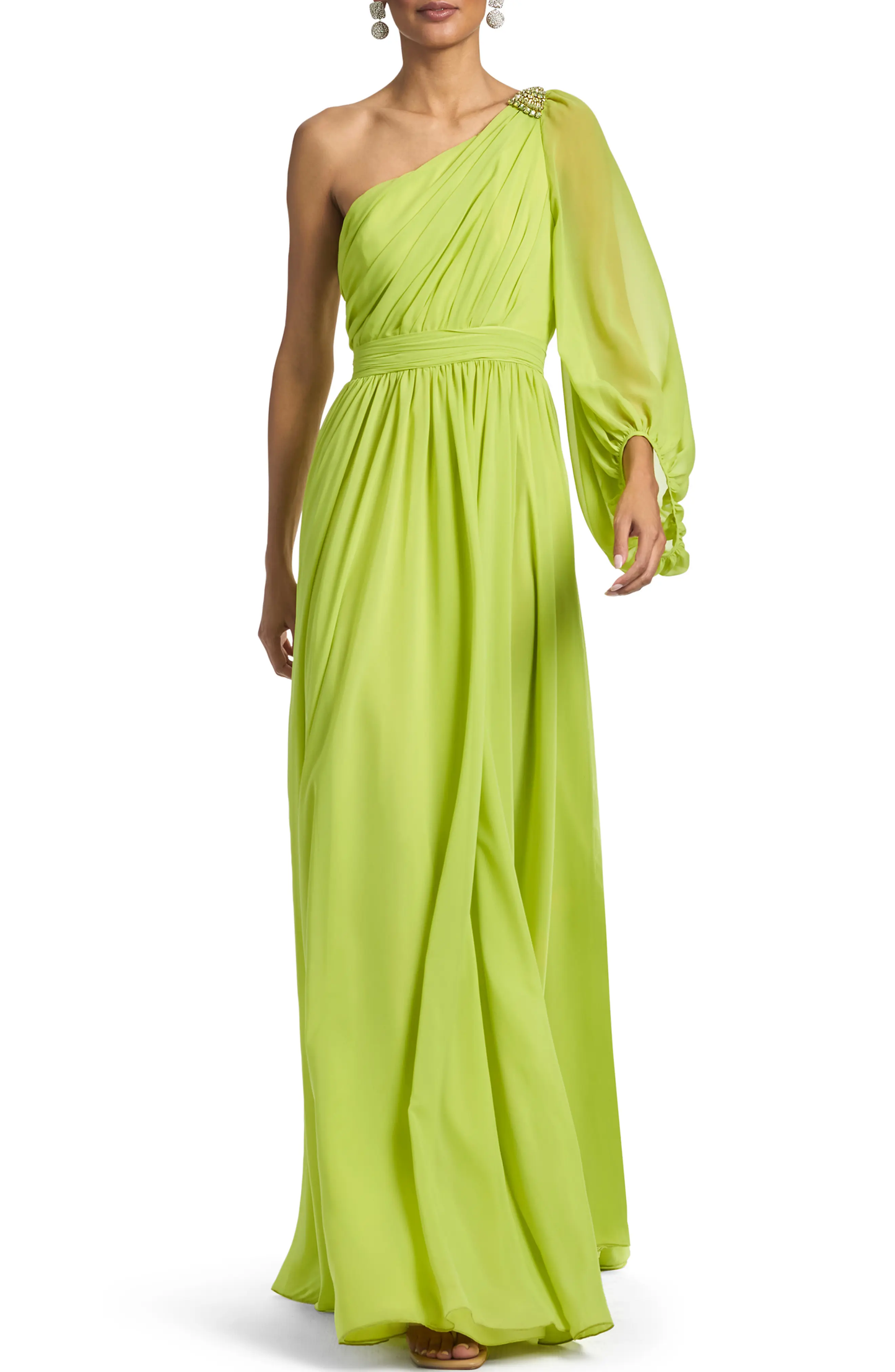 Aimishang Elegant A-Line Evening Gown One Shoulder Formal Party Dress Long Sleeve Fall Wedding Guest Chiffon with Pleated