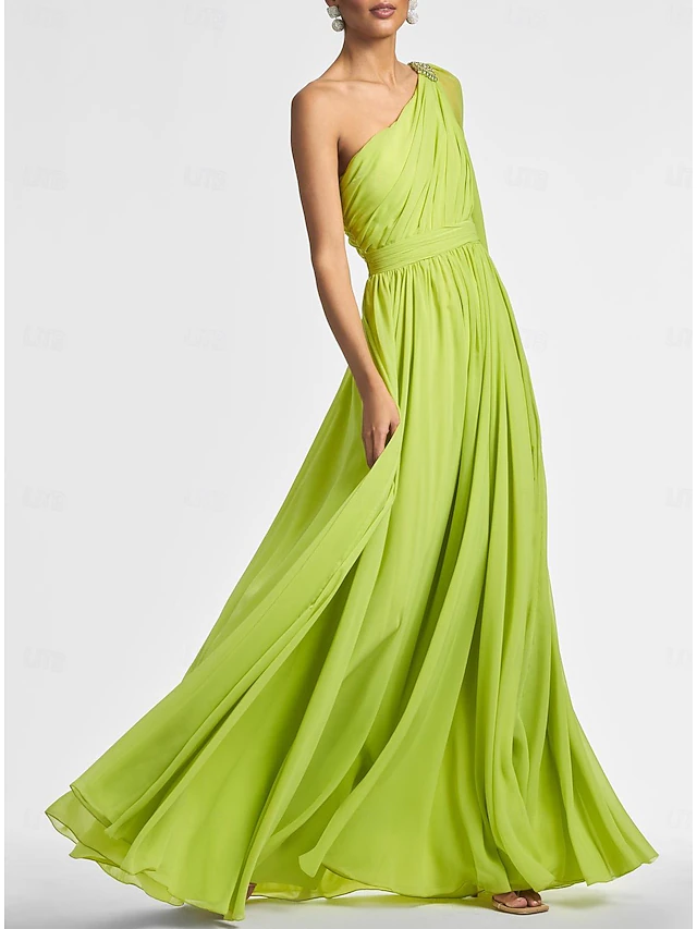 Aimishang Elegant A-Line Evening Gown One Shoulder Formal Party Dress Long Sleeve Fall Wedding Guest Chiffon with Pleated