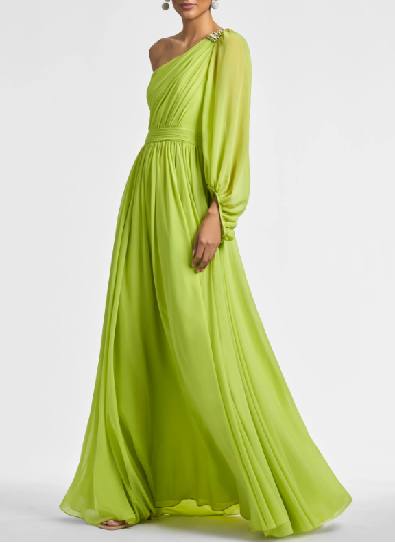 Aimishang Elegant A-Line Evening Gown One Shoulder Formal Party Dress Long Sleeve Fall Wedding Guest Chiffon with Pleated