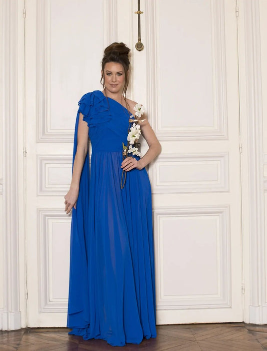 Aimishang A-Line Evening Gown Elegant Prom Dress Formal Floor Length Sleeveless One Shoulder Chiffon with Pleats Ruched