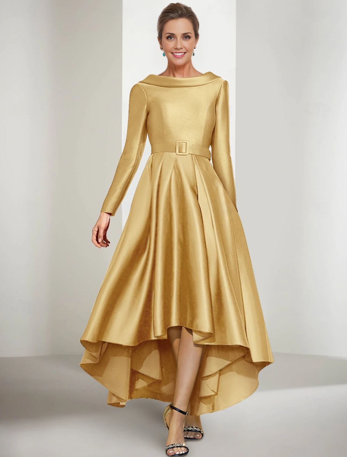 Aimishang A-Line Mother of the Bride Dress Elegant Long Sleeve Prom Dresses PromJewel Neck Asymmetrical Satin Long Sleeve with Sash / Ribbon