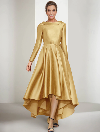 Aimishang A-Line Mother of the Bride Dress Elegant Long Sleeve Prom Dresses PromJewel Neck Asymmetrical Satin Long Sleeve with Sash / Ribbon
