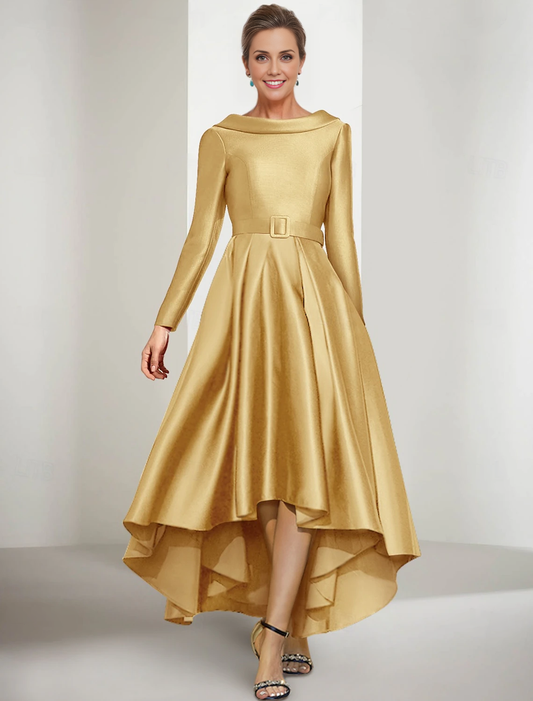 Aimishang A-Line Mother of the Bride Dress Elegant Long Sleeve Prom Dresses PromJewel Neck Asymmetrical Satin Long Sleeve with Sash / Ribbon