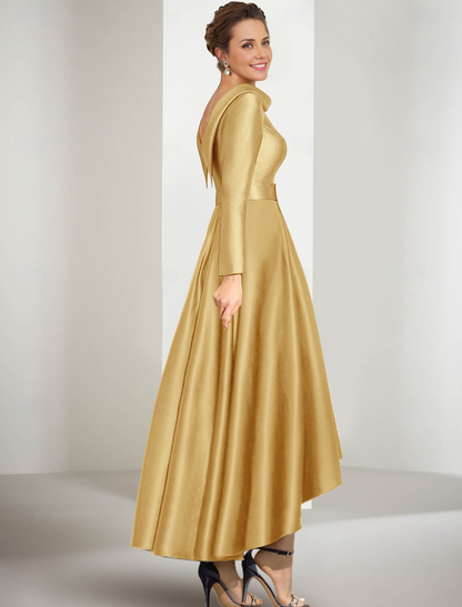 Aimishang A-Line Mother of the Bride Dress Elegant Long Sleeve Prom Dresses PromJewel Neck Asymmetrical Satin Long Sleeve with Sash / Ribbon