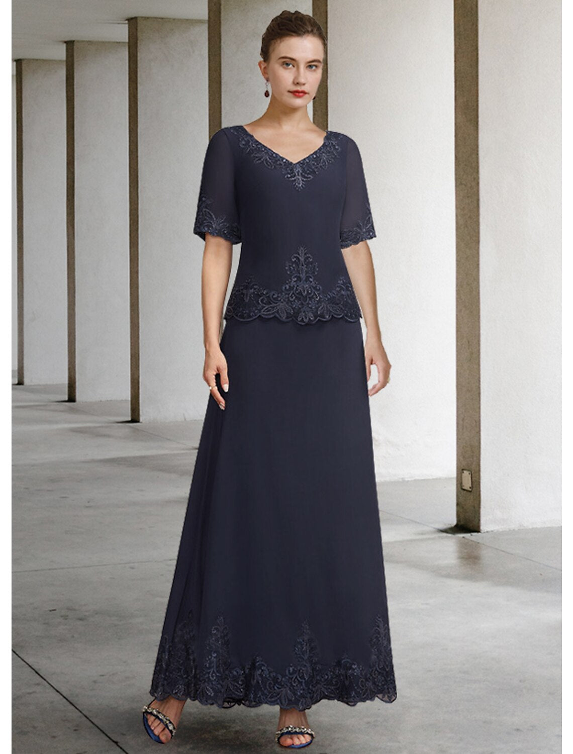Aimishang A-Line Mother of the Bride Dress Elegant V Neck Ankle Length Chiffon Lace Short Sleeve with Appliques