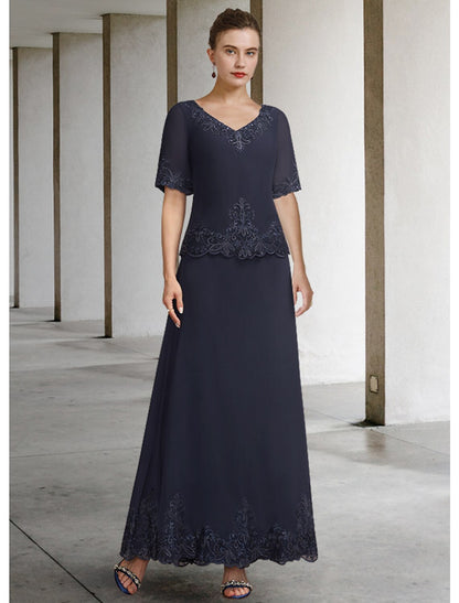 Aimishang A-Line Mother of the Bride Dress Elegant V Neck Ankle Length Chiffon Lace Short Sleeve with Appliques
