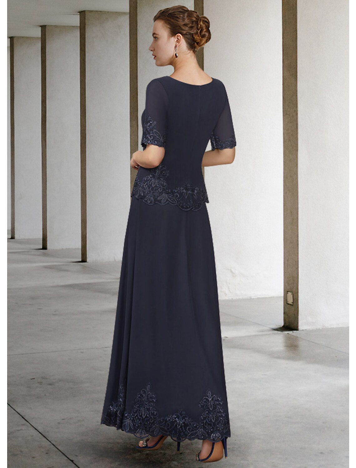 Aimishang A-Line Mother of the Bride Dress Elegant V Neck Ankle Length Chiffon Lace Short Sleeve with Appliques