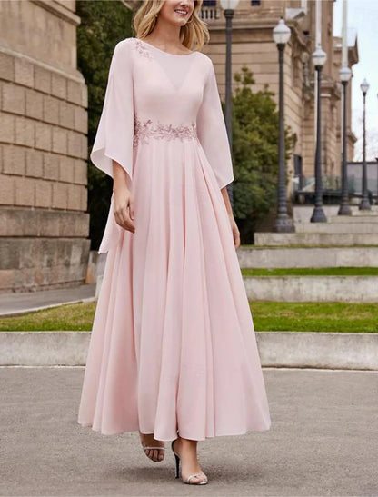 Aimishang A-Line Mother of the Bride Dress Formal Wedding Guest Elegant Bateau Neck Ankle Length Chiffon 3/4 Length Sleeve with Beading